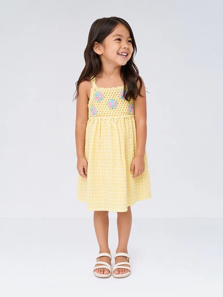 Kids Girls Yellow Checkered Cotton A-Line Dress